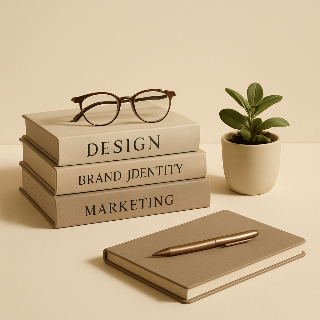 A calm desk with books, glasses, and a notebook